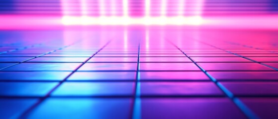 A vibrant glow of pink and blue lights reflects on a tiled surface, creating a futuristic and mesmerizing space full of neon energy.