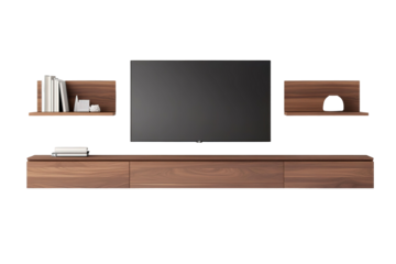 A wooden shelf with a black television on it and two potted plants on it. on transparent background.