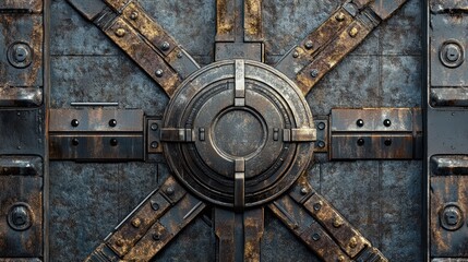 Fototapeta premium The image displays a close-up view of an antique vault door featuring a circular central lock surrounded by a metallic design, showcasing signs of age and wear