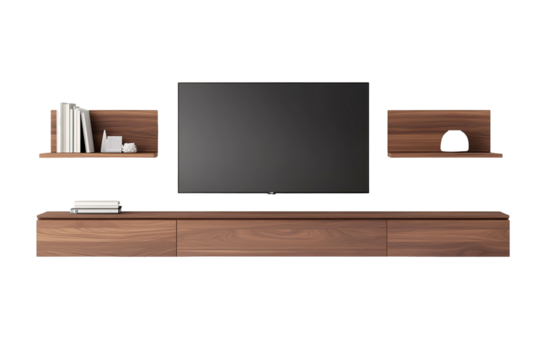 A wooden shelf with a black television on it and two potted plants on it. on transparent background.