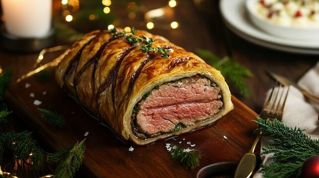 Beef wellington for a New Year&Atilde;&cent;&acirc;&sbquo;&not;&acirc;&bdquo;&cent;s Eve party with elegant d&Atilde;&fnof;&Acirc;&copy;cor, sophisticated holiday dinner