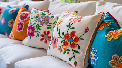 Brightly colored accent pillows with floral embroidery, arranged neatly on a white couch.