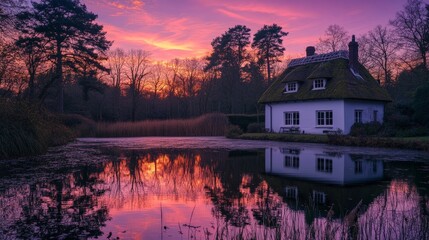 Fototapeta premium A Cozy House by a Tranquil Pond Under a Colorful Sunset Sky