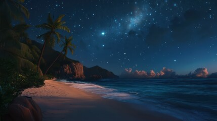 Tropical beach reveals a serene atmosphere at night, illuminated by moonlight. The sky is filled with stars, and the waves softly lap against the sandy shore, creating a peaceful ambiance