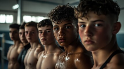 Fototapeta premium A group of young male wrestlers stands in a line, showcasing their physiques and determination. They focus on the coach, preparing for their upcoming match during afternoon practice