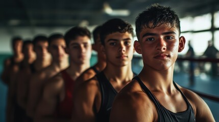 A group of young boxers stands in line, each displaying focus and determination. The training session takes place in a brightly lit gym during the evening hours