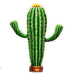 Green cactus in pot with yellow flower