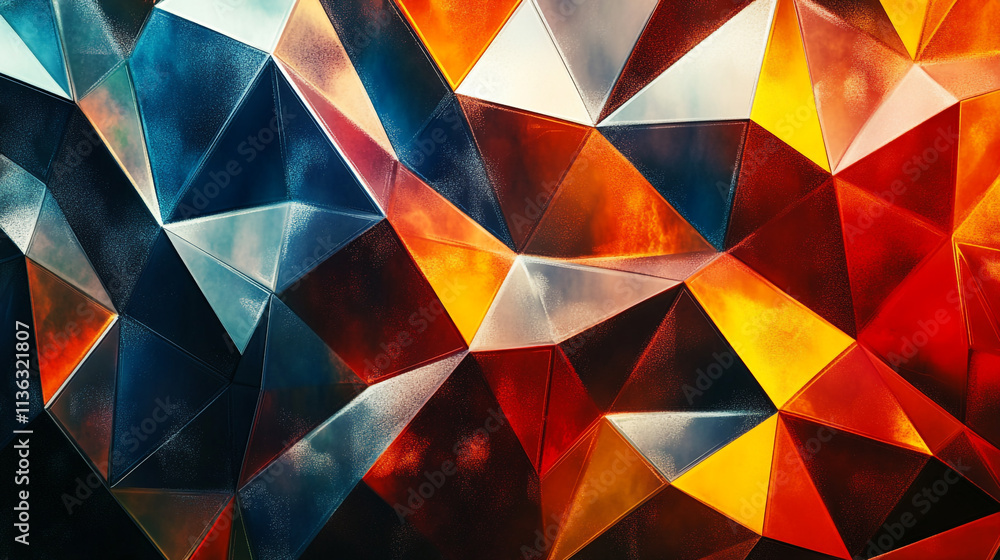 Poster colorful geometric pattern display with triangles in vibrant hues and reflections