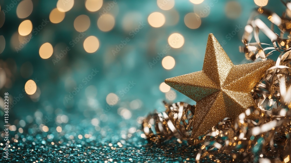 Poster a sparkling golden star set against a background of shimmering bokeh lights, creating a festive and 