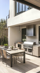 Fototapeta premium Modern outdoor kitchen with a dining area and grill, designed for leisure and entertaining.