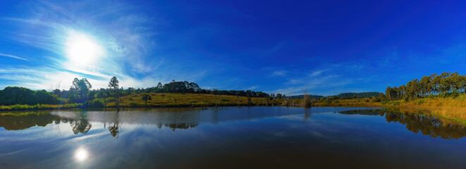 Reflected old snags, sticks, and blue sky on small swamps in the morning near the blue meadow sky at Thung Salaeng Luang National Park, A famous local attraction in Thailand.