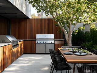 Modern outdoor kitchen with grill and dining area under a tree.