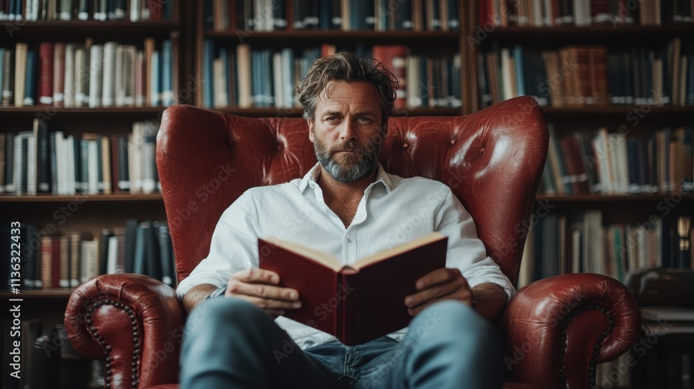 Poster a relaxed man is seated on a classic red armchair in a library, engrossed in a book, surrounded by a