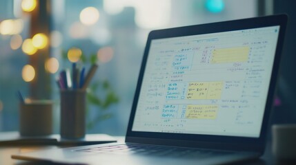 Close-up of a laptop screen displaying bilingual meeting notes, half in English and half in Korean, bridging global teams