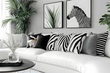 Modern living room with white sofa, black and white zebra patterned throw pillows, and botanical wall art. © Home Stock