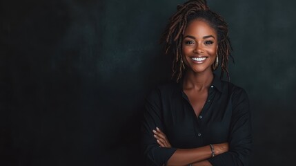 This photograph showcases a confident woman with dreadlocks smiling with her arms crossed, conveying a sense of empowerment and joy against a dark green background.