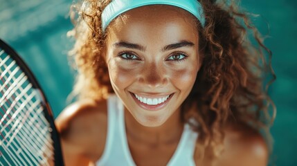 This image portrays an athletic woman on a tennis court, smiling brightly and holding a racquet, showcasing vibrancy and athleticism under the bright sunshine.