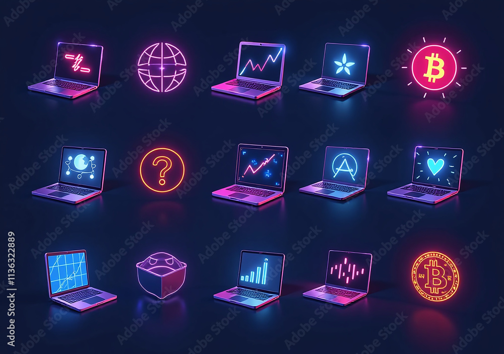 Poster laptop icons stress relief include neon lights vectors updates computers bitcoin web