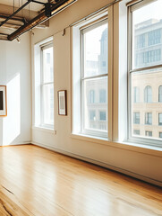 Fototapeta premium Bright, minimalist room with large windows and wooden flooring, ideal for art display.