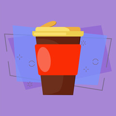 Hot takeaway drink. Paper disposable cup with yellow lid and sleeve. Takeaway cups concept. Vector illustration can be used for topics like morning outdoors, coffee shop, recycling
