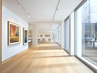 Obraz premium A modern art gallery featuring colorful paintings and a bright, open space.