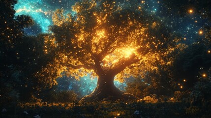 A magical glowing tree shines brightly under a starry sky, creating a peaceful atmosphere in a serene landscape.