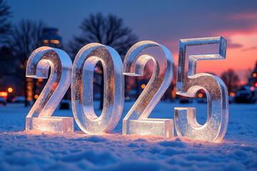 3D numbers '2025' in a cold, beautiful winter landscape