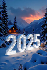 3D numbers '2025' in a cold, beautiful winter landscape