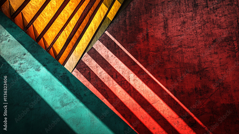 Poster colorful geometric shadows create an intricate pattern on a textured wall