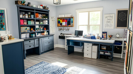 A bright and organized craft room with shelves and a workspace for creative projects.