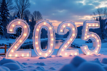 3D numbers '2025' in a cold, beautiful winter landscape