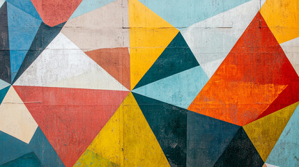 Fototapeta premium Colorful geometric mural on urban wall adds vibrancy to city landscape