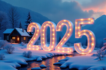 3D numbers '2025' in a cold, beautiful winter landscape