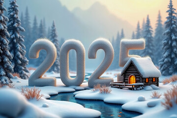 3D numbers '2025' in a cold, beautiful winter landscape
