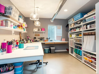 A bright and organized craft room with supplies for creative projects.