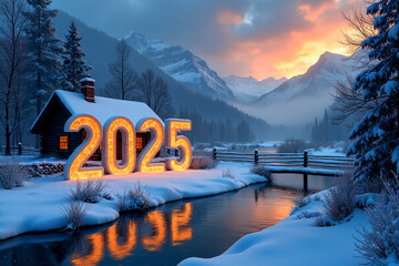 3D numbers '2025' in a cold, beautiful winter landscape