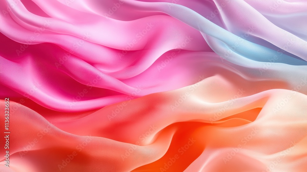 Poster layers of abstract pink and orange flowing fabric creating dynamic waves, showcasing a harmonious bl