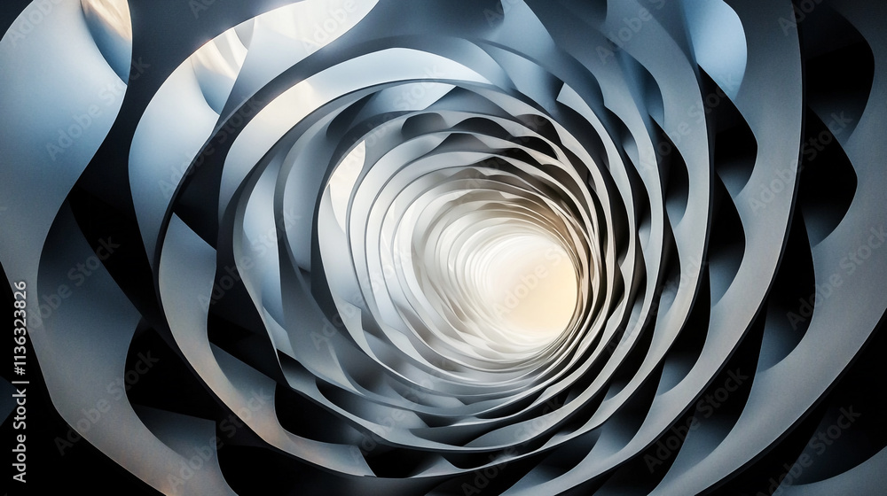 Poster exploration of an abstract tunnel design with swirling patterns in soft blue tones