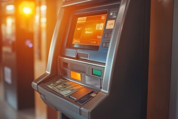 Modern ATM dispensing cash and accepting credit cards in a well-lit environment