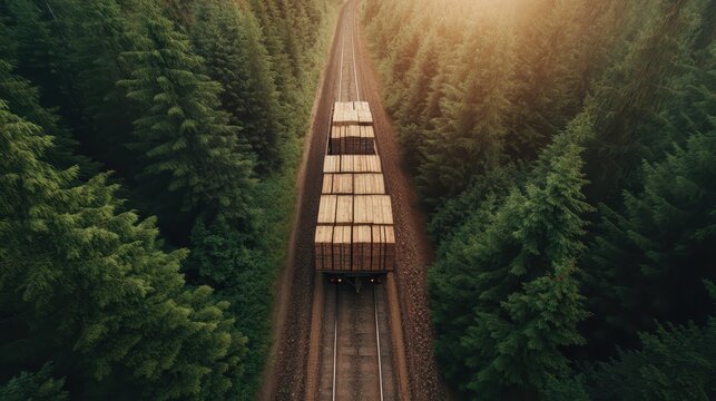 A cargo train transports wooden crates through a green forest path, capturing a moment where human logistical efforts blend with natural environments seamlessly.