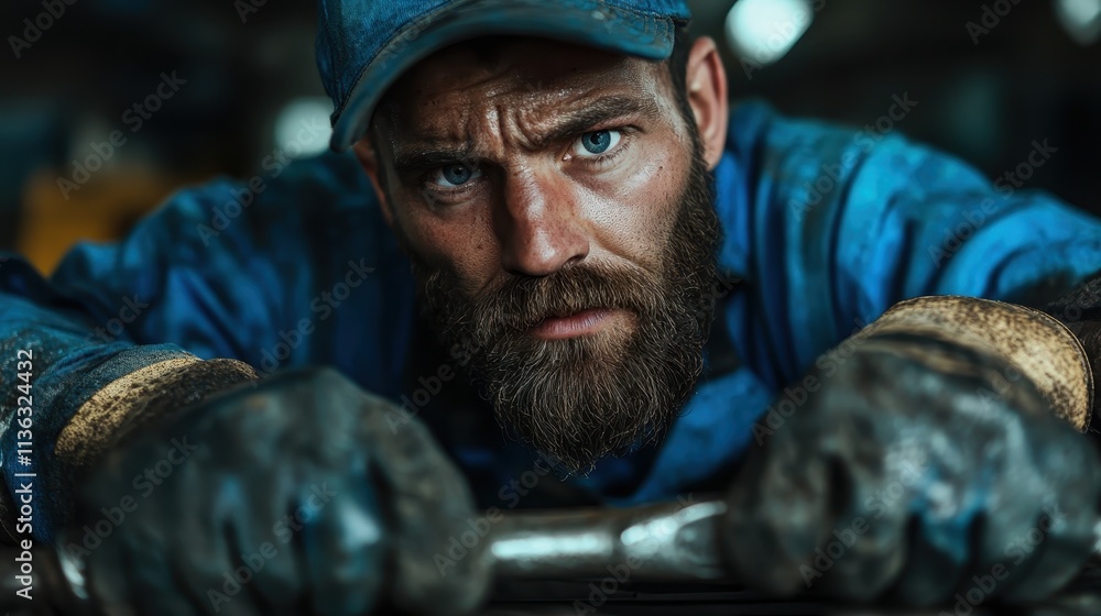 Poster a bearded mechanic in a blue uniform concentrates intensely while working, embodying dedication and 