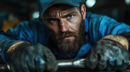 Obraz premium A bearded mechanic in a blue uniform concentrates intensely while working, embodying dedication and craftsmanship in a mechanic's workshop setting.