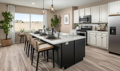 Fototapeta premium Modern kitchen with island seating, appliances, and natural light.