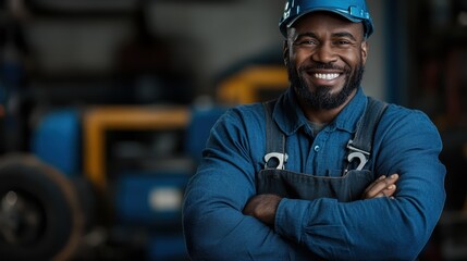 A mechanic with a confident smile stands proudly in a workshop, symbolizing positivity and satisfaction in his professional environment with machinery around.