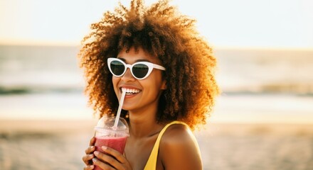 Vibrant curly afro hair, smiling woman at beach, white retro sunglasses, yellow swimsuit, drinking smoothie, golden hour lighting, blurred coastal background, carefree summer vibe, natural curls, joyf