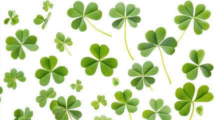 A background of green clover leaves falling, against a white background, in a St. Patrick's Day theme, in a vector illustration style, with a flat design. Mockup for St Patrick’s day.