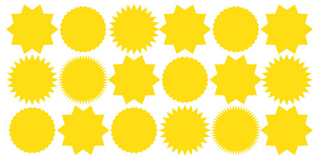 Callout star shapes. Starburst price sticker. Discount promo splash badge. Product tag labels. Set of star bursts. Black circle and oval boxes, stamps isolated on white background. Vector illustration