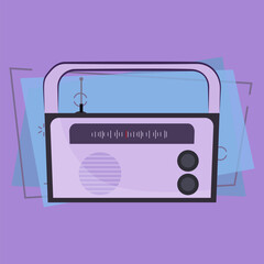 Portable radio set. Violet retro receiver with handle, volume control and speaker. Vector illustration can be used for topics like broadcasting, fm channel, music listening