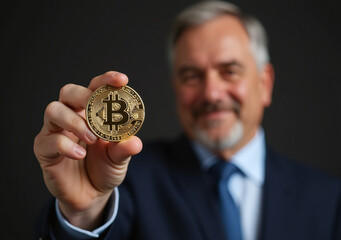 mature businessman holds bitcoin symbol golden business card near
