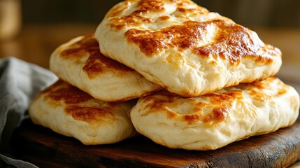 A rustically arranged stack of golden brown flatbreads sits on a wooden cutting board, highlighting the attractive texture and simplicity of edible allure.